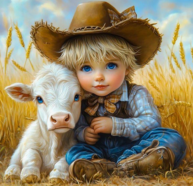 Illustrated child in brown cowboy hat sitting with white calf in sunny wheat field