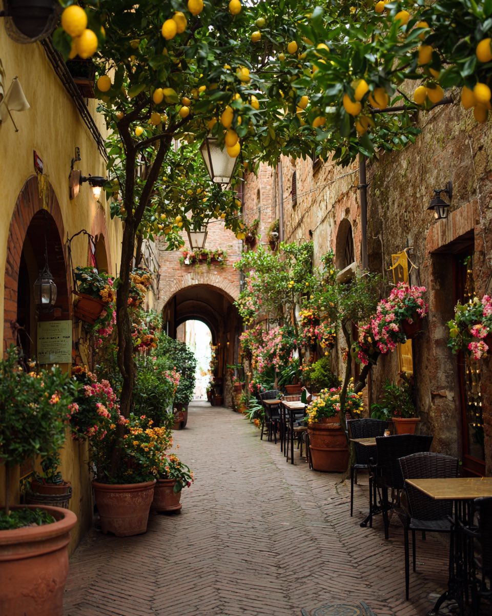 Narrow stone alley with lemon trees, potted flowers, and cafe tables in Capri