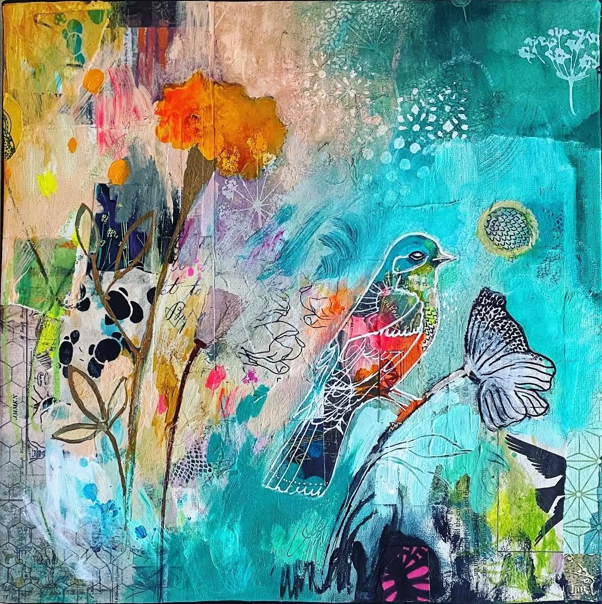 Abstract mixed media art with two stylized birds, orange flowers, and turquoise textured background