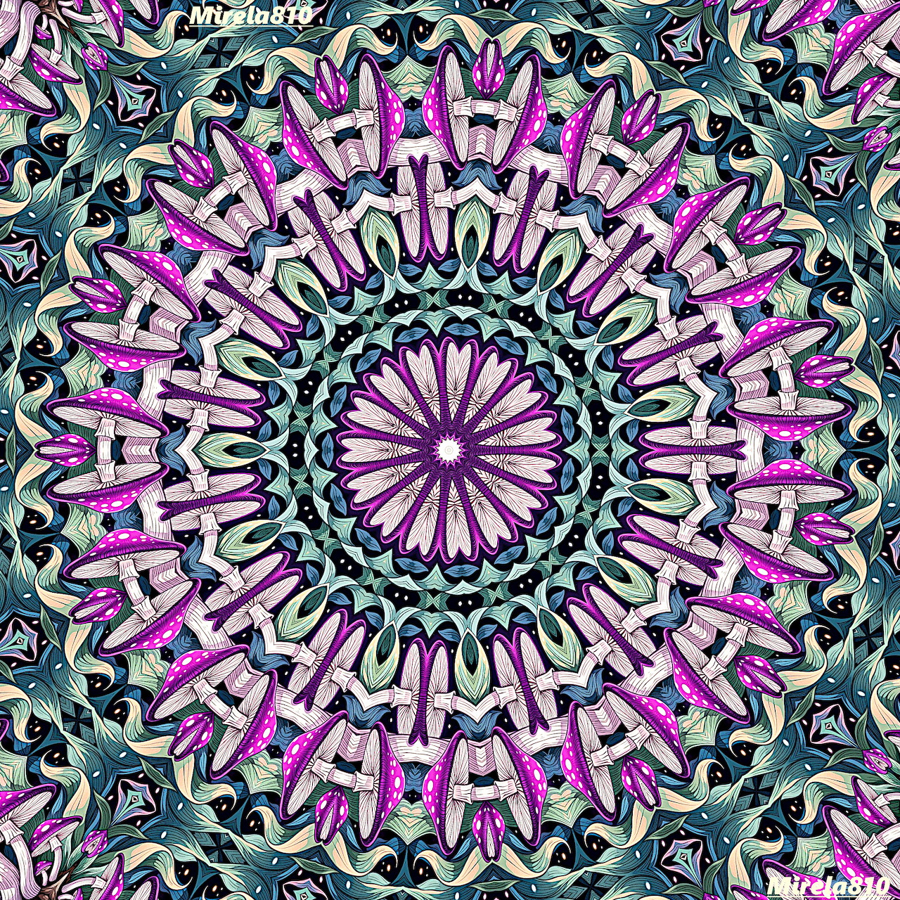 Symmetrical mandala with purple and teal geometric patterns radiating from center