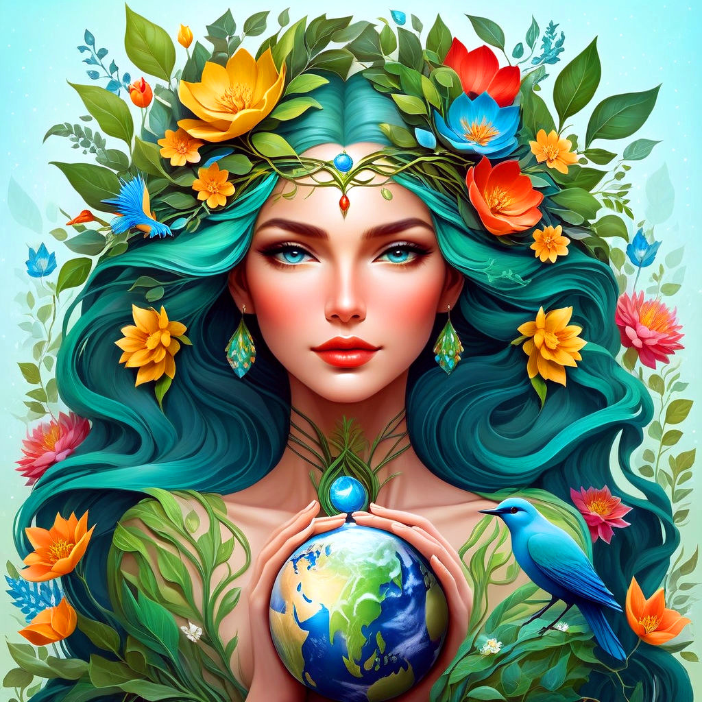 Fantasy woman with turquoise hair, floral crown, and earth sphere on chest in vibrant digital art style