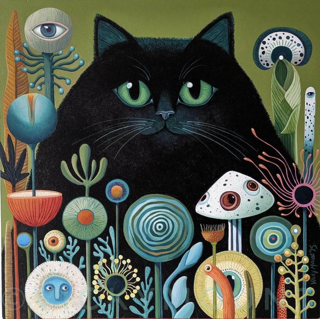 Black cat with green eyes amid stylized folk art flowers and geometric patterns on olive green background