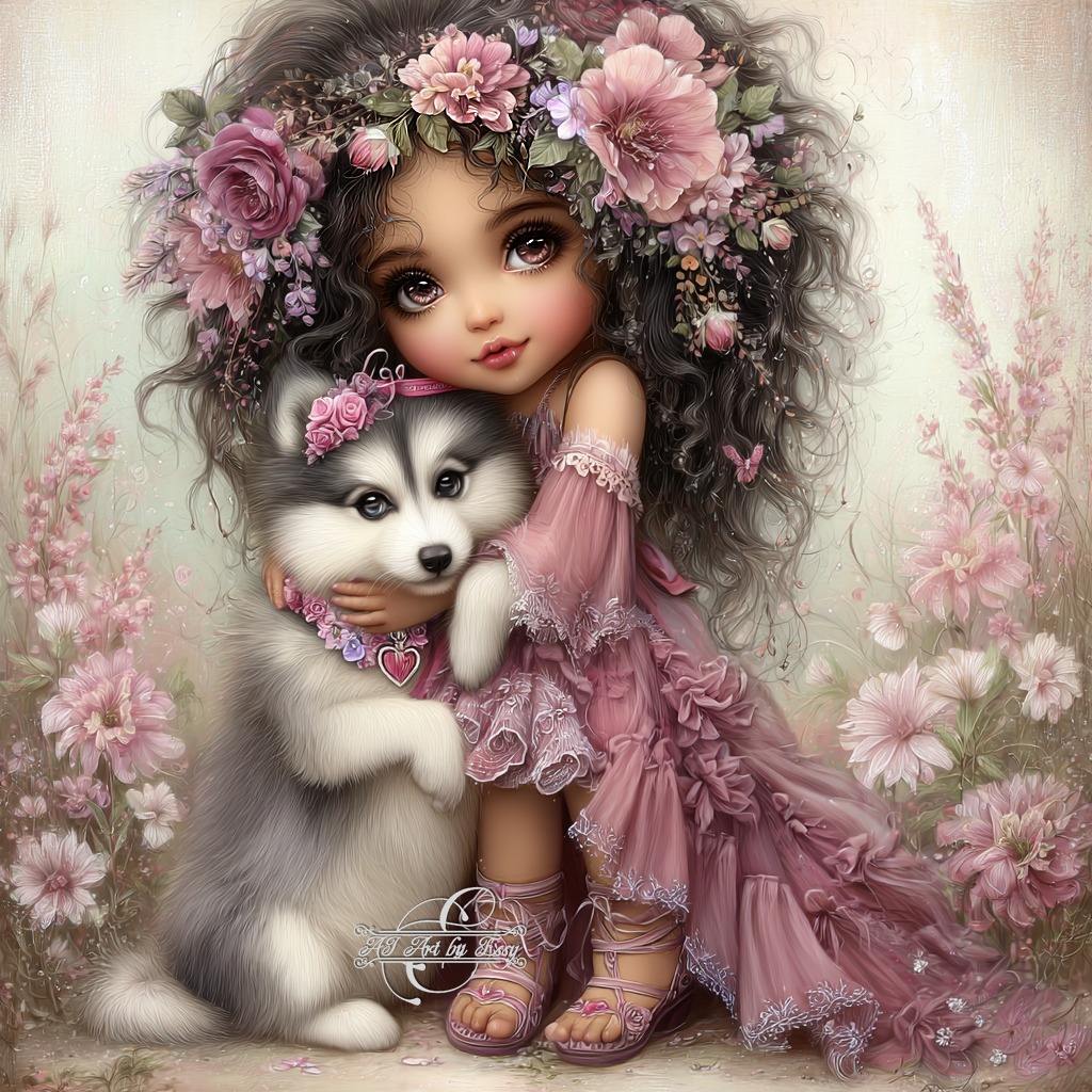 Illustrated girl in pink dress with flower crown holding white husky puppy in floral setting
