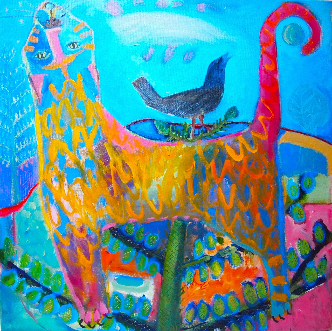 Colorful folk art wolf howling at moon with bird on back
