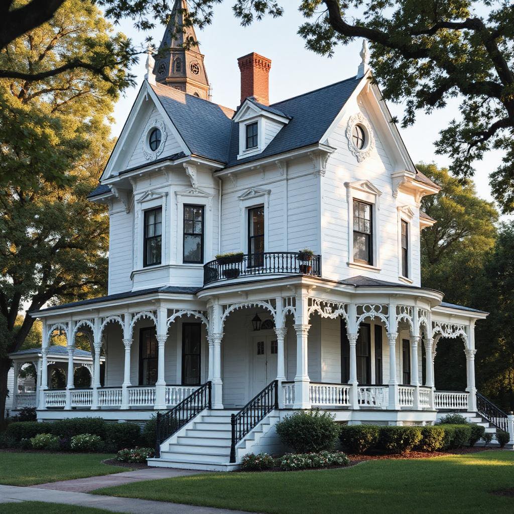 White Victorian house with ornate porch and tower surrounded by trees