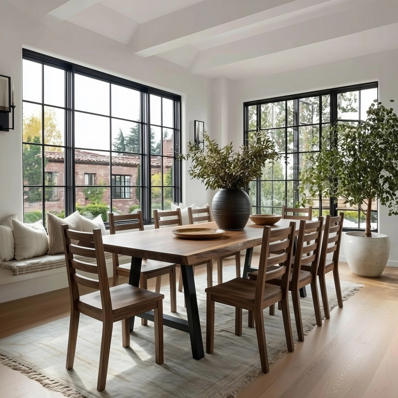 Modern dining room with wooden table, chairs, large windows, and potted plants in bright natural light