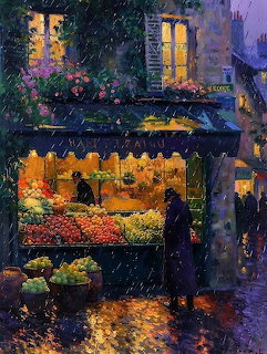 Painting of a flower shop on a rainy evening street with colorful flowers and people under umbrellas