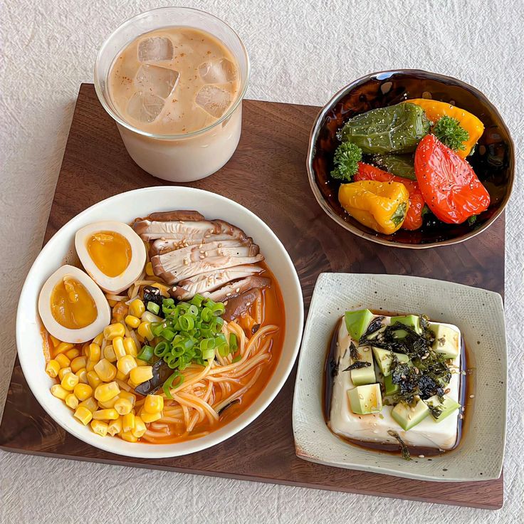 Overhead view of a tray with noodle soup, tofu, vegetables, and an iced drink