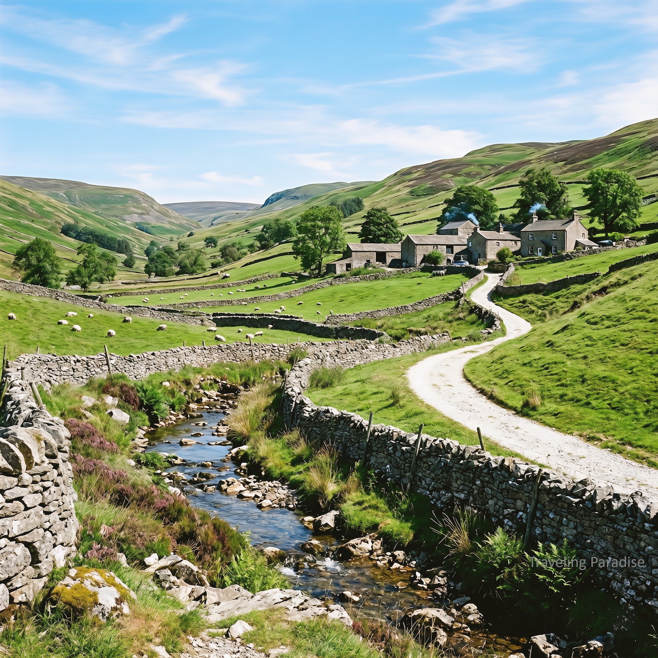 Stone cottages beside a winding lane in a green valley with a stream and sheep