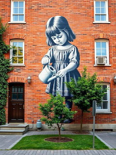 Monochrome mural of girl on red brick apartment building with trees and lawn in front