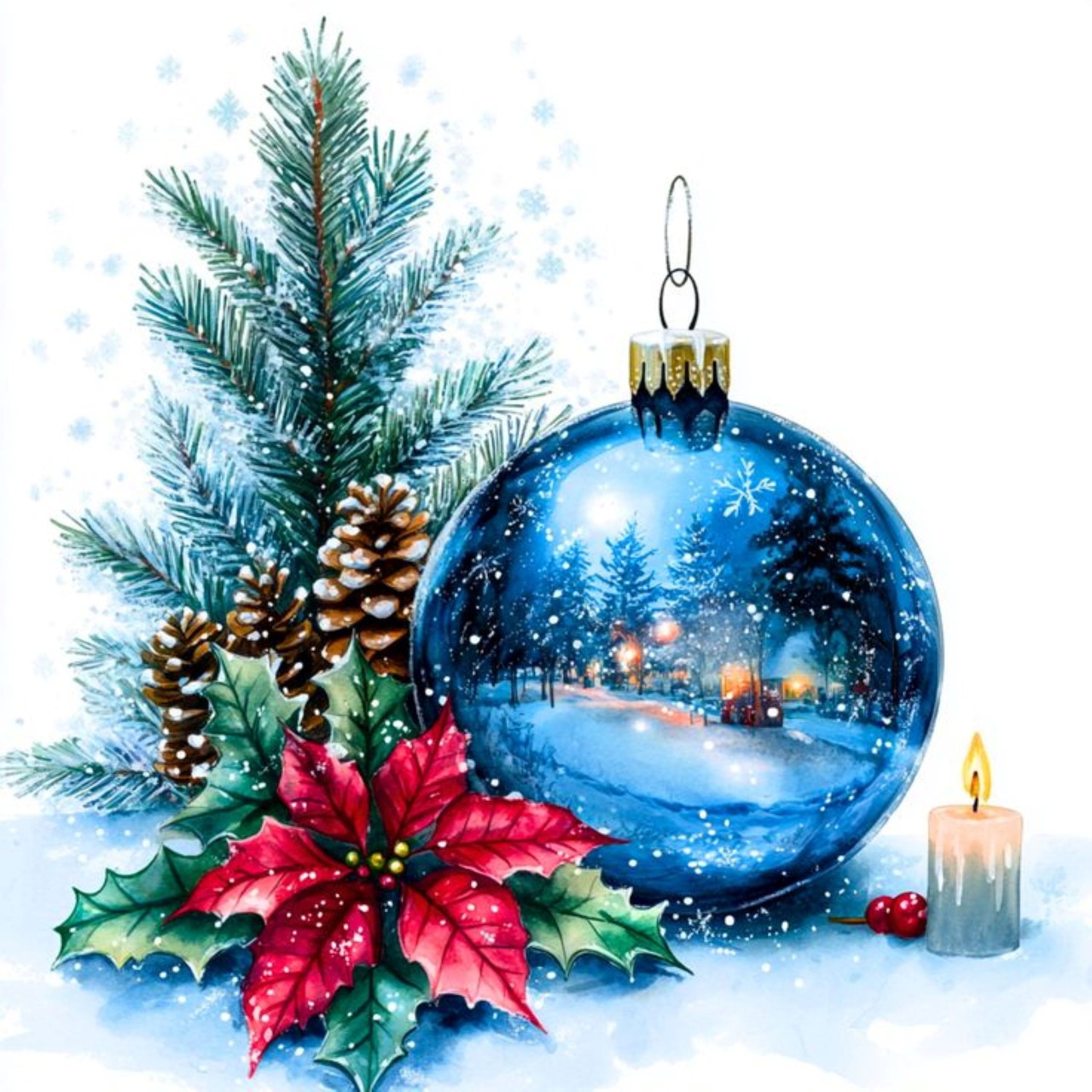 Blue Christmas ball ornament with winter scene, pine branches, red poinsettia, pine cones and lit candle