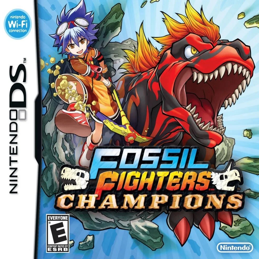 Fossil Fighters Champions Nintendo DS game box art with red dinosaur and animated characters