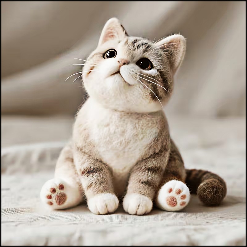 Chubby gray and white kitten sitting on a bed and looking upward