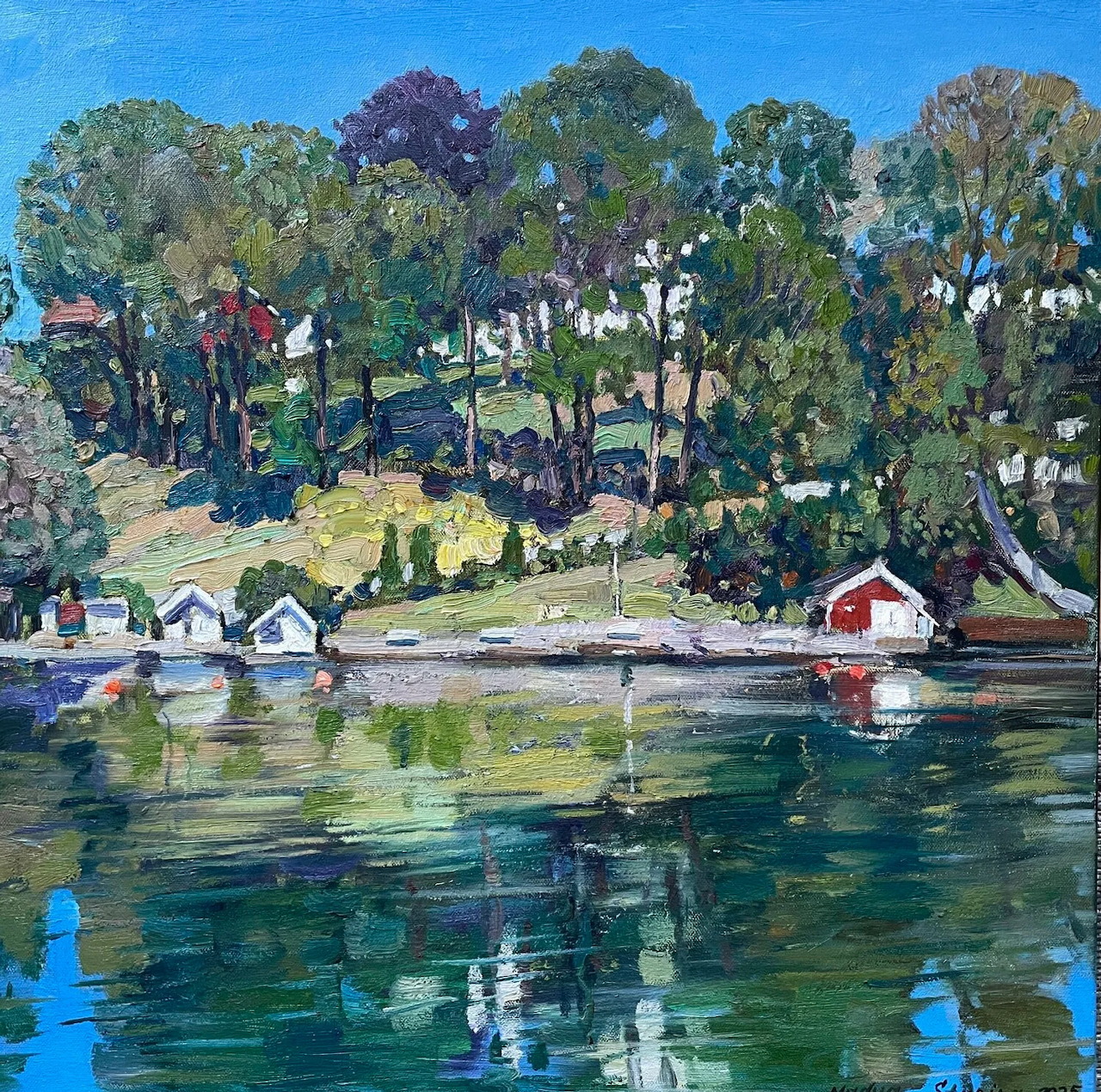 Impressionist painting of lakeside houses and trees with reflections in water