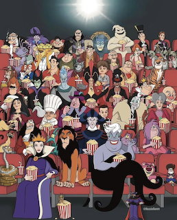 Crowd of Disney villain characters sitting in red movie theater seats with popcorn