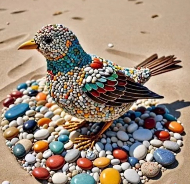 Colorful pebble bird sculpture on sand surrounded by smooth stones