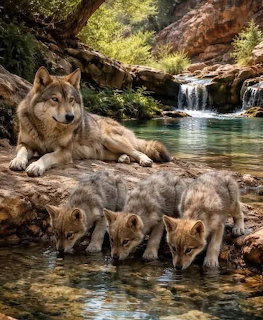 Adult wolf resting on rocks while wolf pups drink from forest stream with waterfall in background