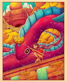 Illustration of a boy riding a giant red and blue dragon through a rocky landscape with ruins