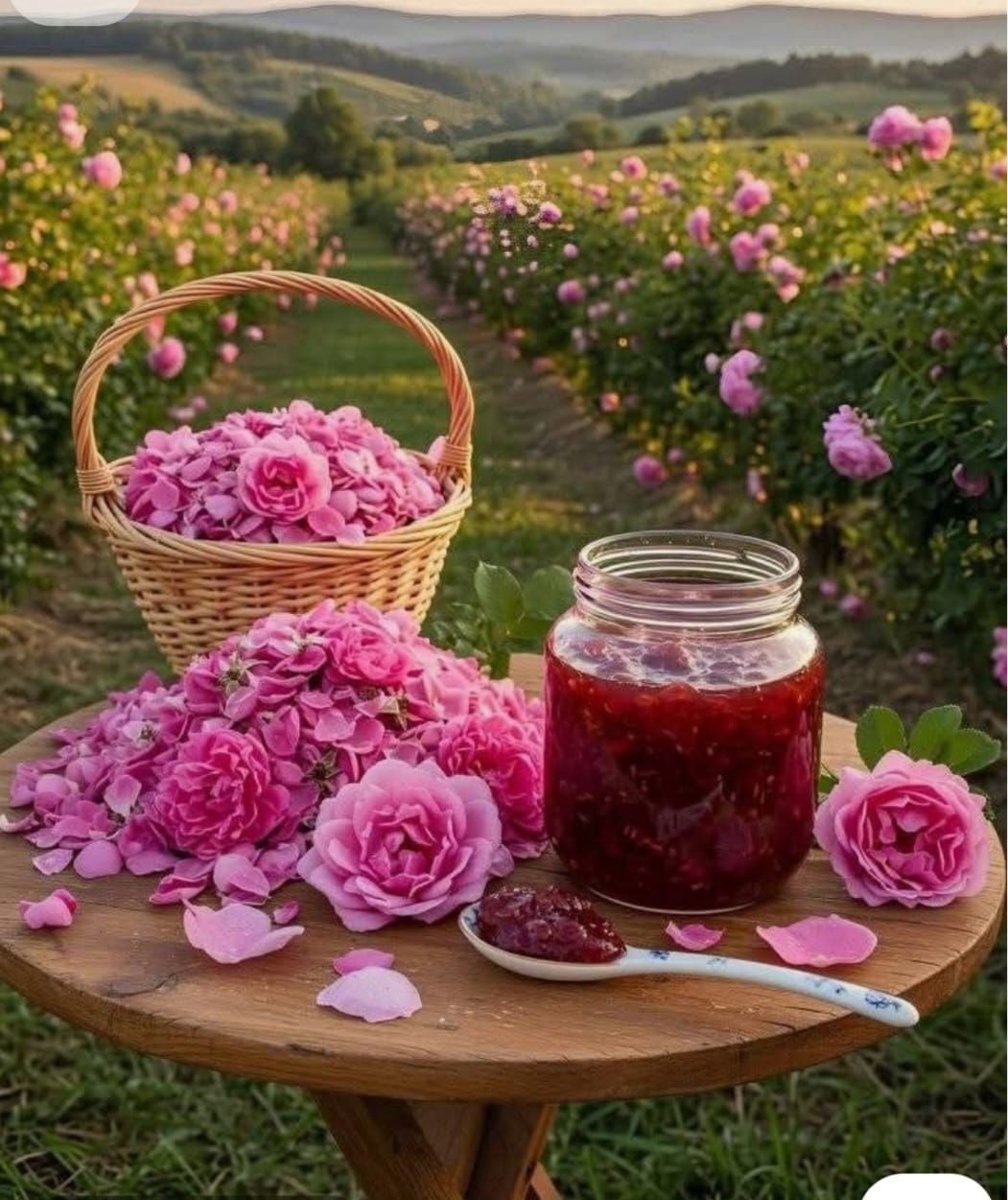 Jar of rose jam on wooden table with basket of pink roses in a blooming rose garden