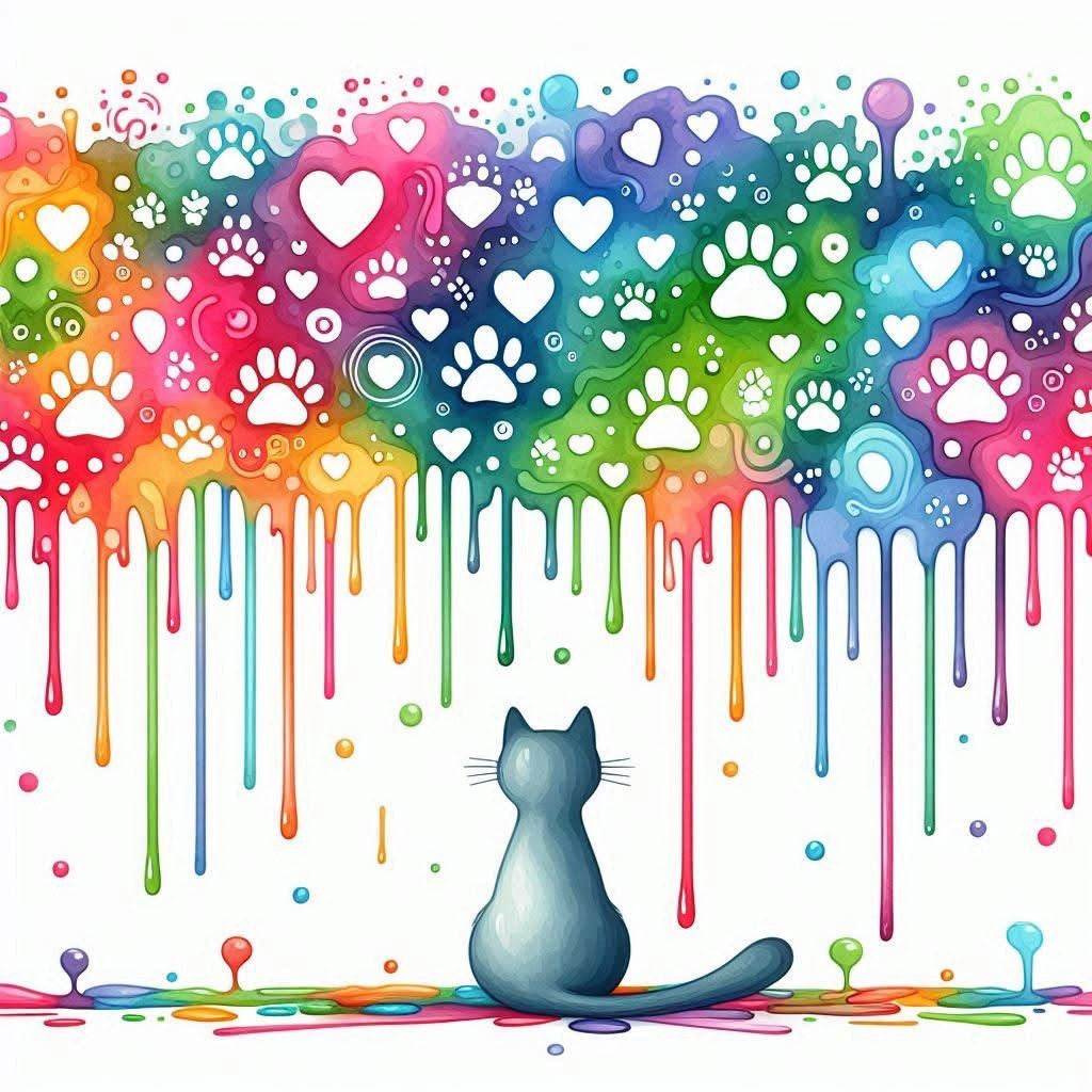 Watercolor cat sitting beneath rainbow drips with paw prints and hearts
