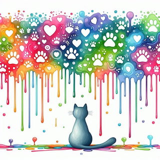 Watercolor Cat with Paw Prints