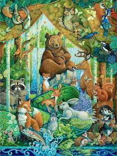 Colorful illustration of forest animals gathered around a waterfall in an enchanted woodland setting
