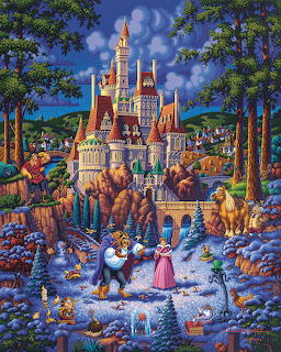 Beauty and the Beast characters in front of an enchanted castle surrounded by snowy forest and magical elements