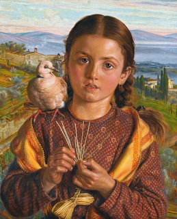 Oil painting of a young girl in colorful traditional clothing holding wheat stalks against a Tuscan countryside backdrop
