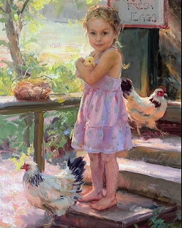 Young girl in purple dress holding yellow chick with chickens and basket of eggs on farm