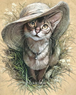 Gray tabby kitten with large eyes wearing a woven straw hat, surrounded by grass and flowers in an illustrated portrait