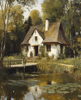White thatched cottage beside pond with lily pads, surrounded by trees in autumn colors