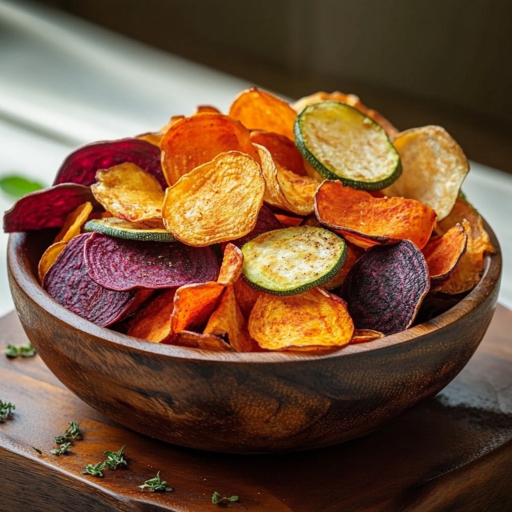 Wooden bowl overflowing with colorful homemade vegetable chips including beet, sweet potato, and zucchini