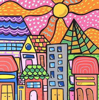 Colorful illustration of whimsical buildings with patterned roofs, hearts, and geometric shapes under a bright sun