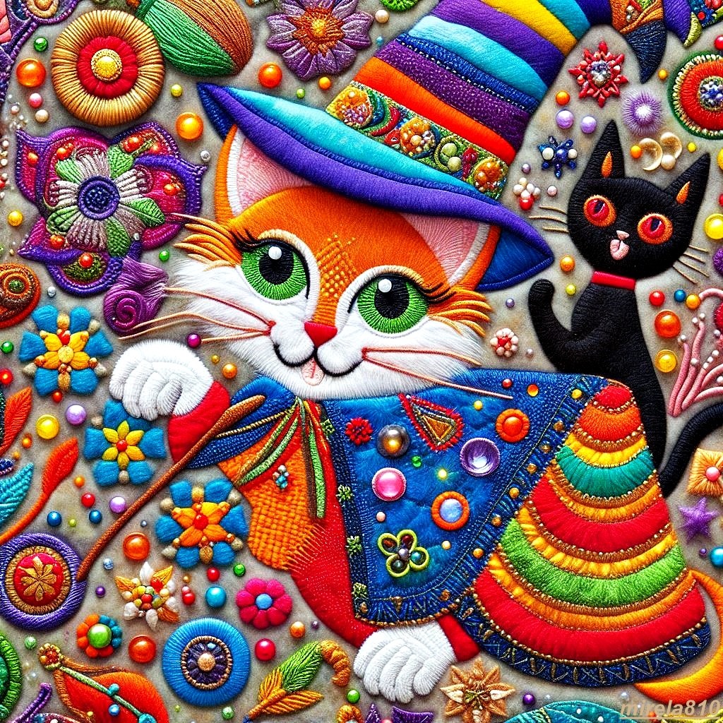 Two embroidered cats, one orange with green eyes wearing a rainbow hat, one black, surrounded by colorful beads and flowers