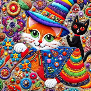 Embroidered Cats with Rainbow Hat