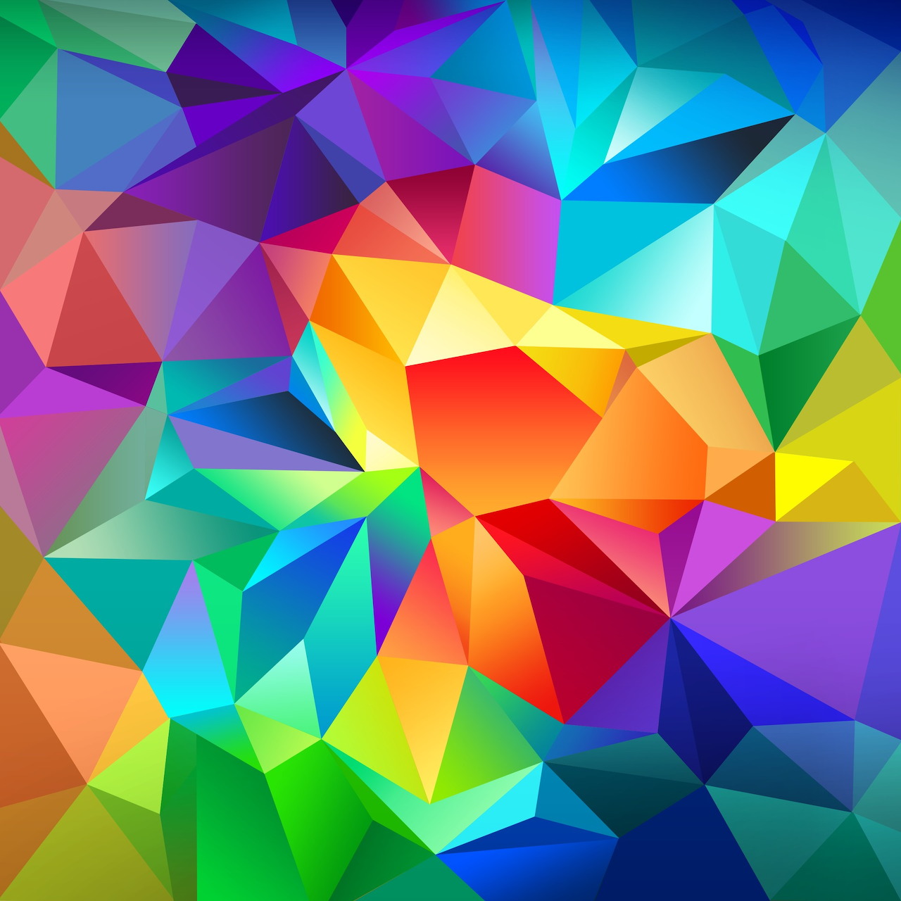 Abstract geometric pattern with colorful triangular and polygonal facets in rainbow colors creating a prismatic effect