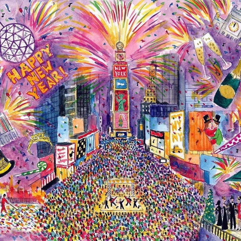 Colorful illustration of Times Square on New Year's Eve with fireworks and a large crowd