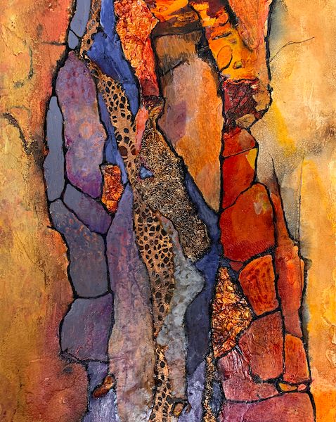 Abstract painting with layered geometric forms in orange, blue, and earthy tones with textured details