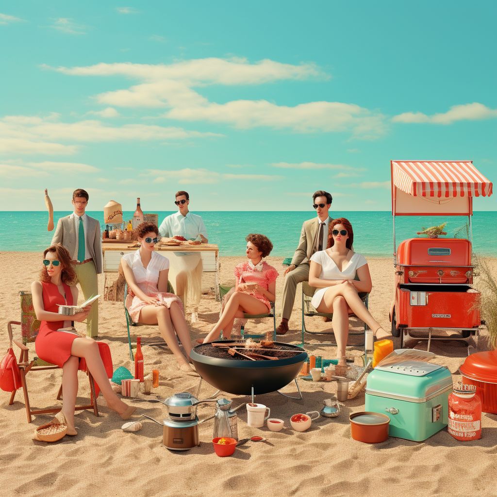 People in retro-style clothing sitting on a sandy beach with a grill, coolers, and picnic items