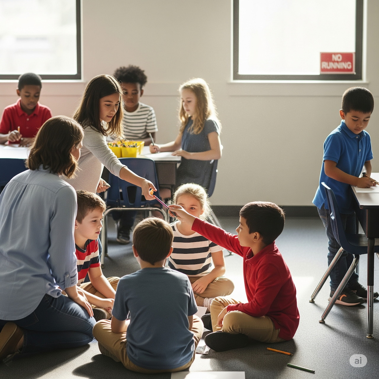Teacher and schoolchildren doing a group activity in a classroom