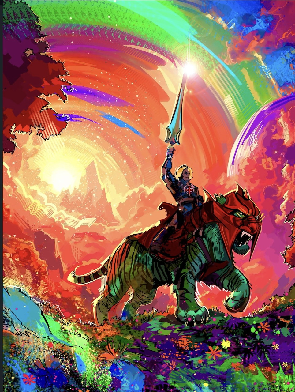Armored warrior on a tiger holding a sword aloft under a vivid swirling fantasy sky with rainbows