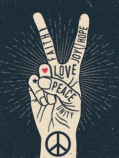 Illustration of a hand making a peace sign with words faith, hope, love, peace, and unity