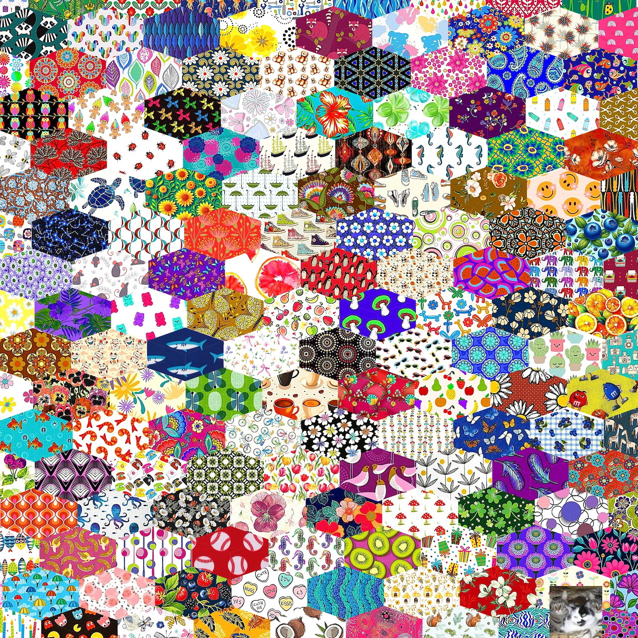 Colorful hexagonal patchwork quilt with diverse patterns and fabrics in a mosaic arrangement