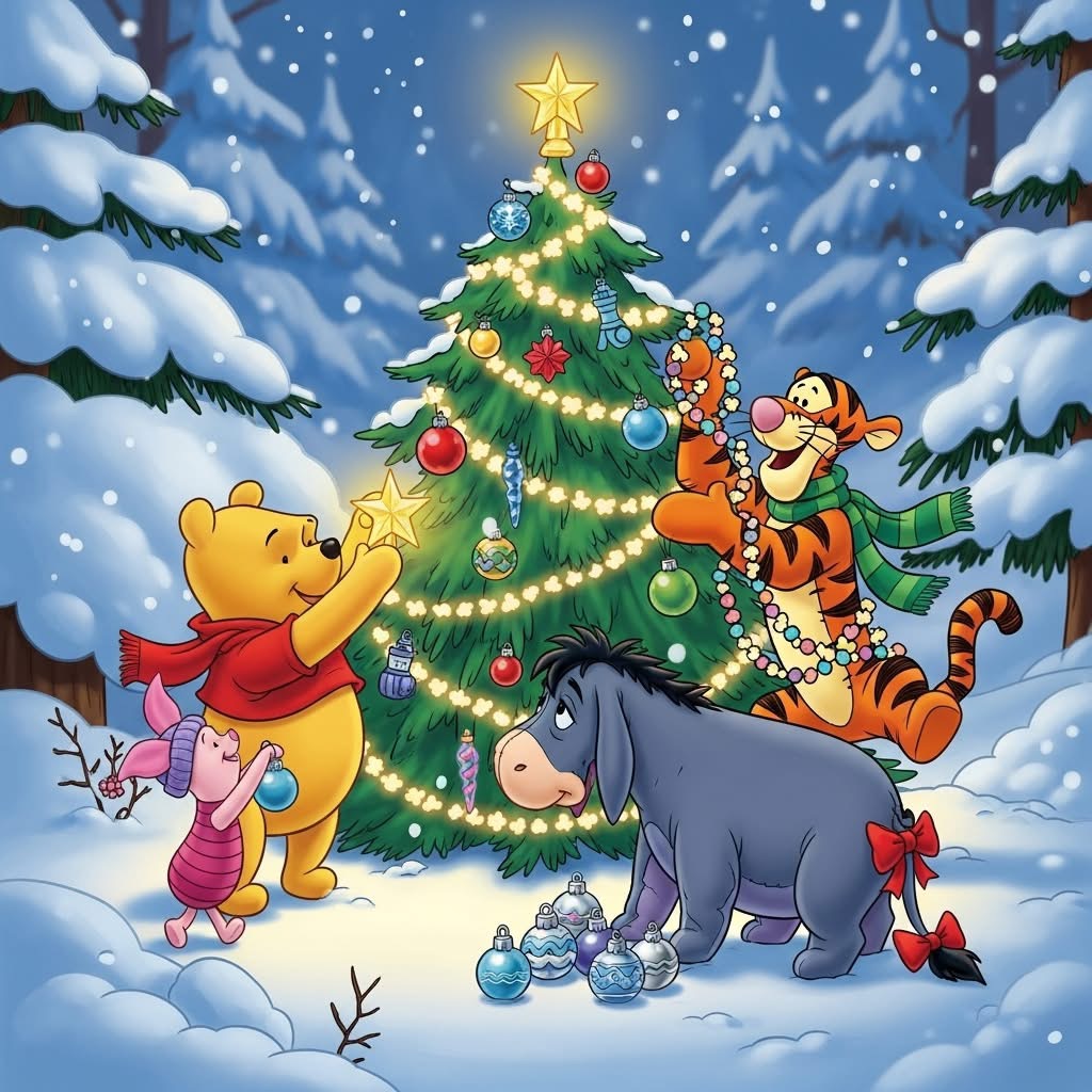 Winnie-the-Pooh and friends decorating a Christmas tree in winter forest with snow