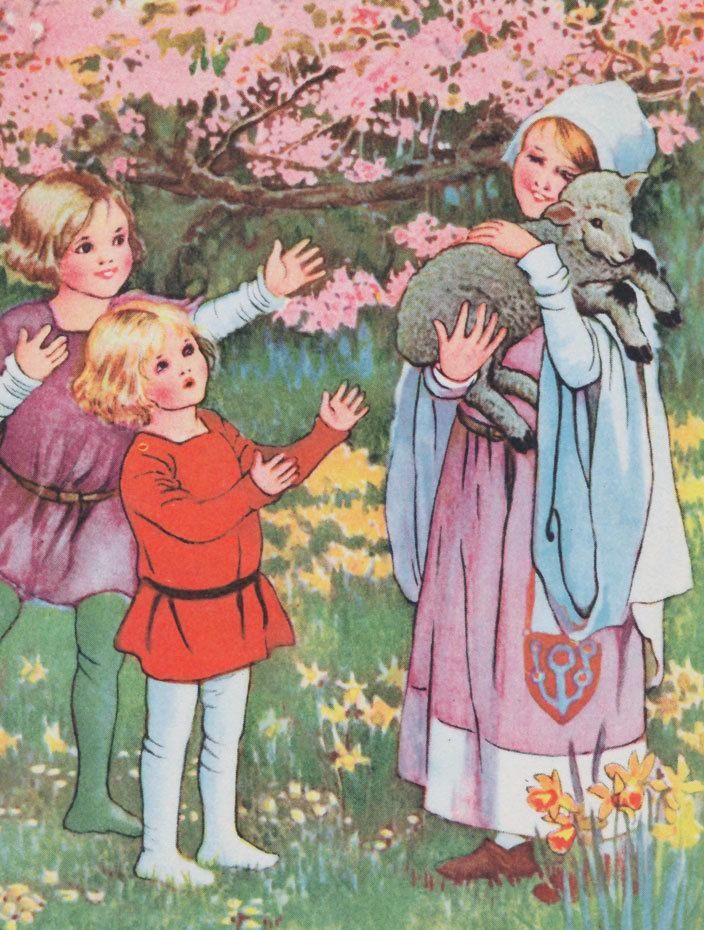 Vintage children's illustration with four kids in a garden with pink blossoming trees by Amy Millicent Sowerby