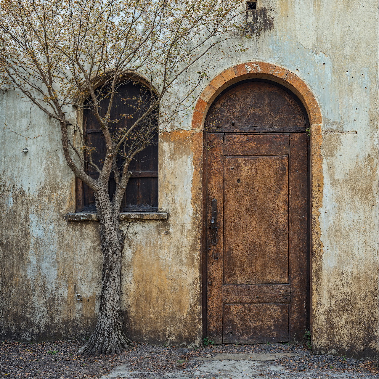 Weathered building facade with wooden arched door and bare tree beside window