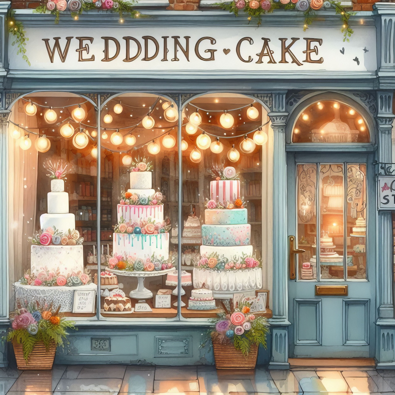 Illustrated wedding cake shop window with tiered cakes, warm string lights, and flowers