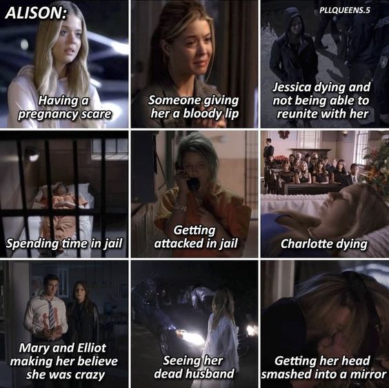 3x3 collage of dramatic TV scene screenshots with white caption text on each image