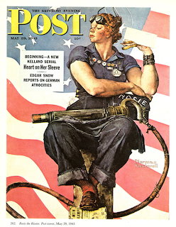Norman Rockwell painting of Rosie the Riveter sitting with rivet gun and American flag background