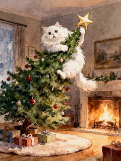 White fluffy cat climbing up a decorated Christmas tree in a warm living room with fireplace